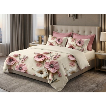 Pościel 160x200 różowe kwiaty z prześcieradłem – komplet premium 4cz PK817